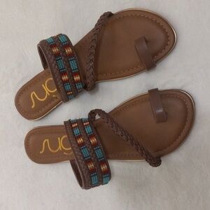 Sugar Dawson Bohemian Beaded Faux Leather Brown Slip On Sandals NWOT